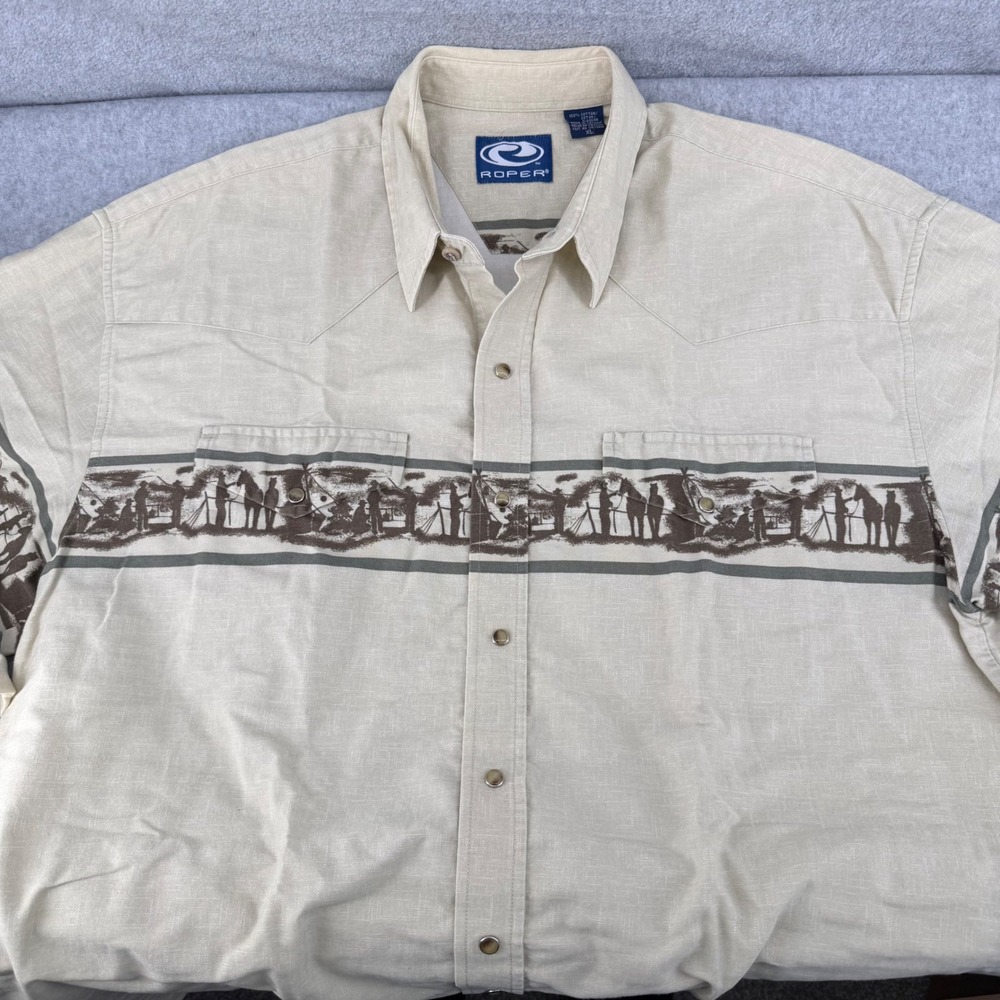 Roper Mens XL Tan Cotton Western Pearl Snap Shirt Scenic Graphic Horse Print